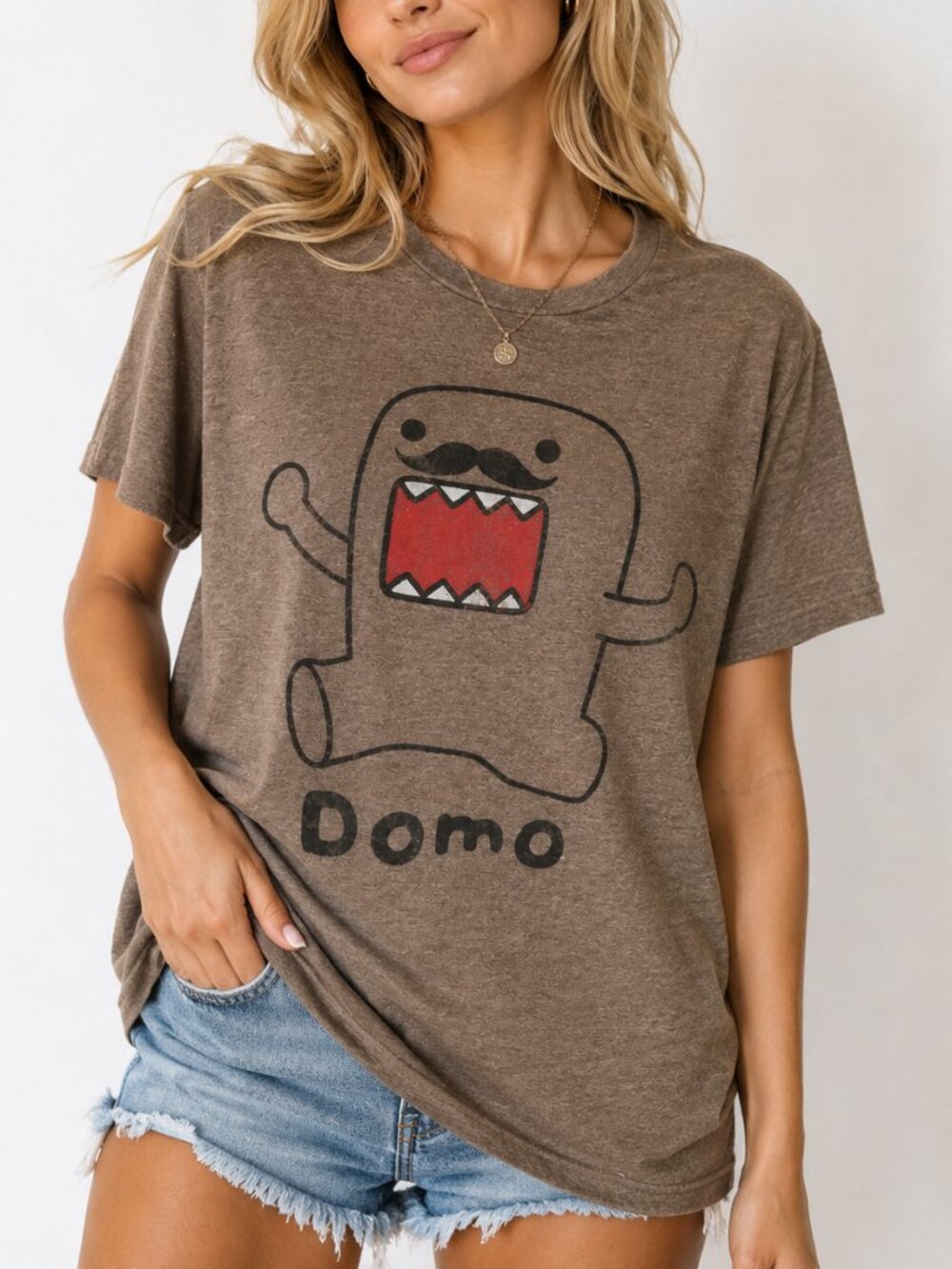 VINTAGE DOMO Kun Mustache Brown Novelty Graphic Crewneck T-shirt Size M EUC